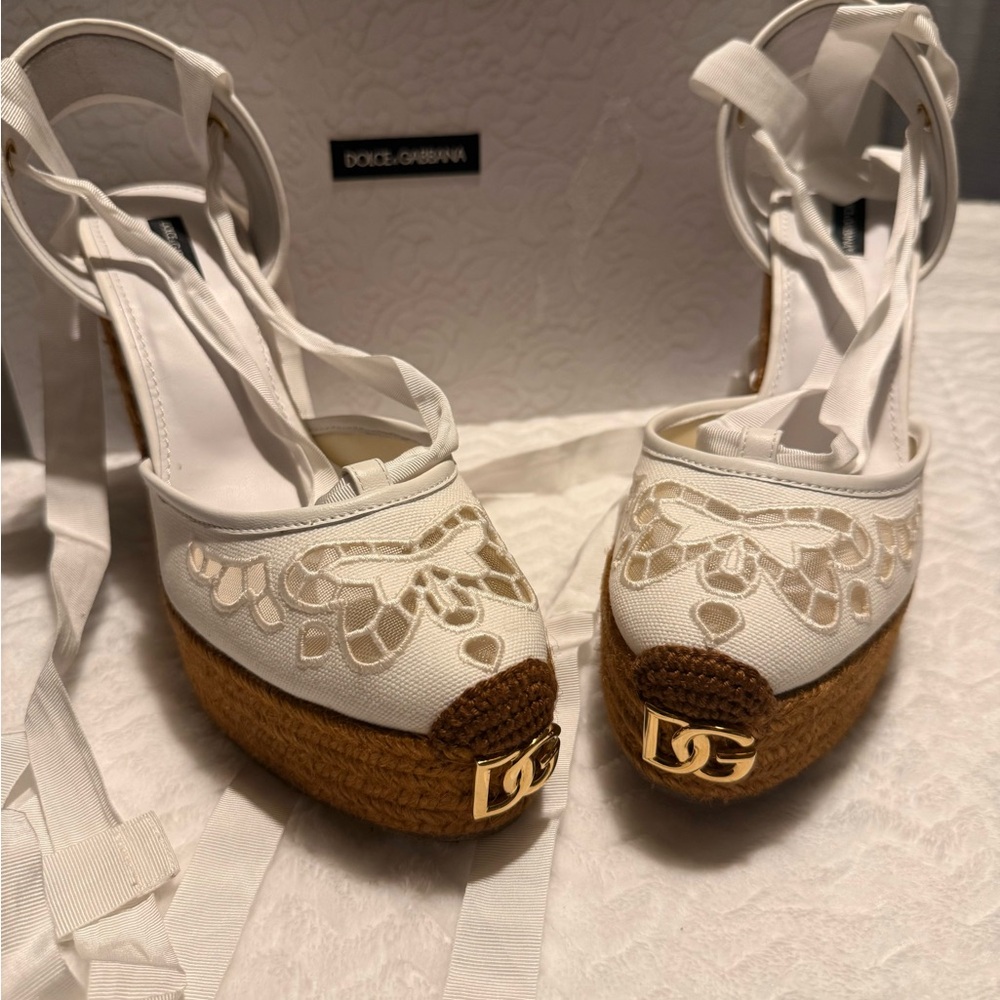 Dolce & Gabbana White and Brown Espadrilles with Intricate Design